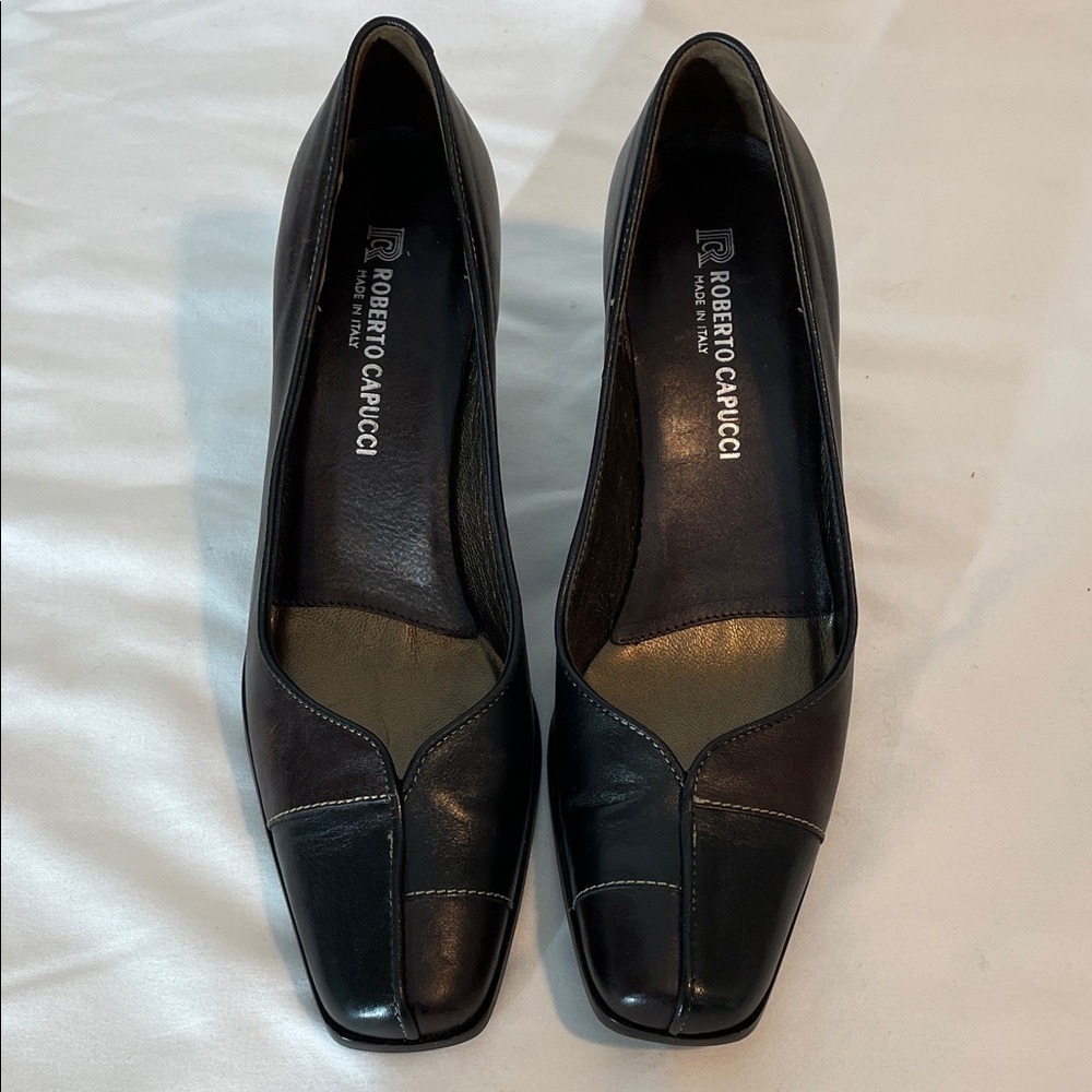 Roberto Capucci Leather Block Heel Pumps Made in Italy Black‎ Brown Sz 7B
